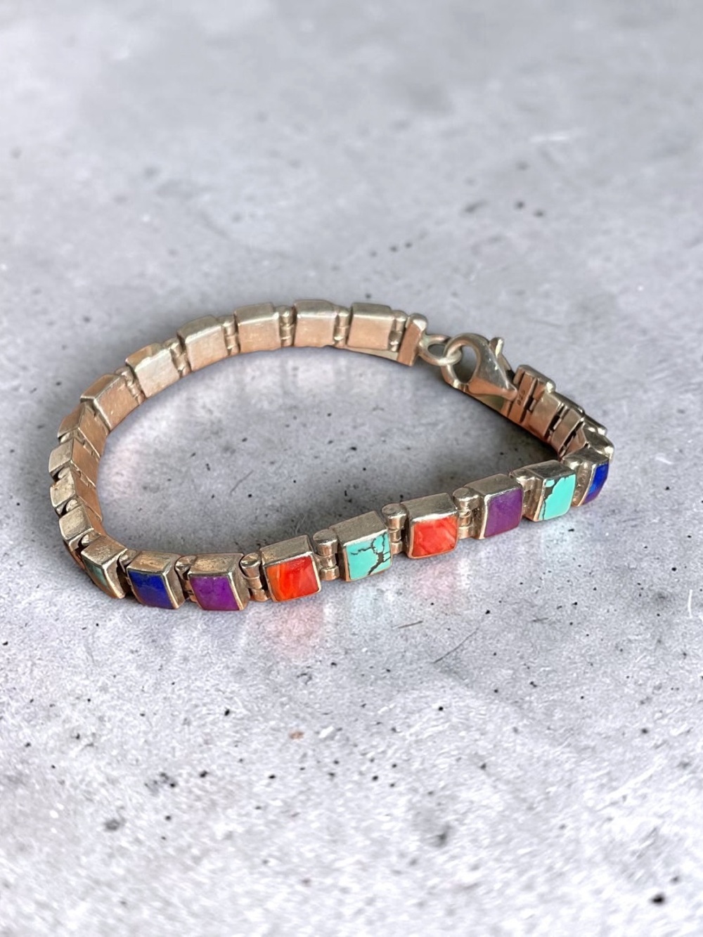 🌺Vintage Sterling & Multi-Color Stone Link Bracelet - Picture 2 of 9